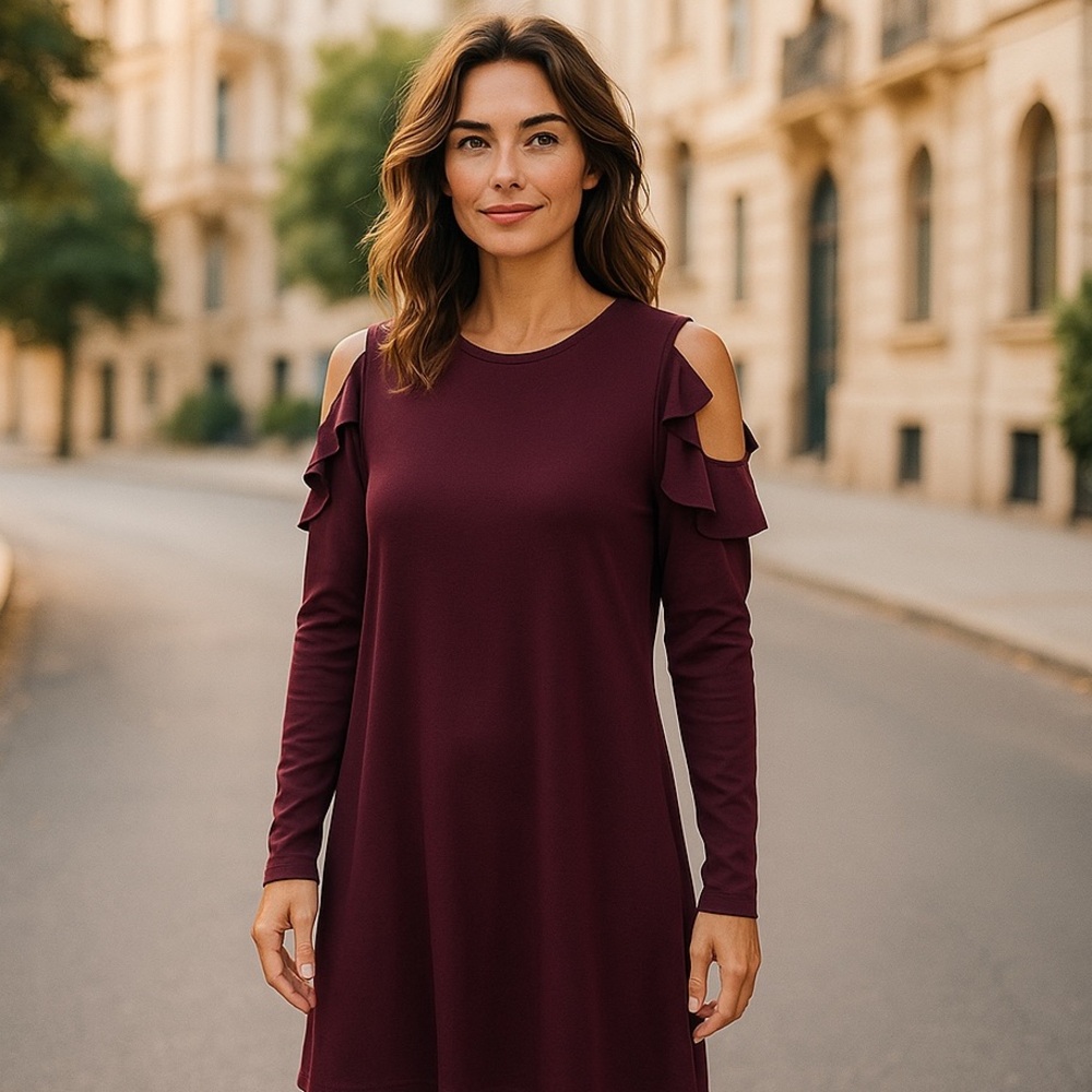 White House black market ruffle cold shoulder sheath dress Large cabernet color